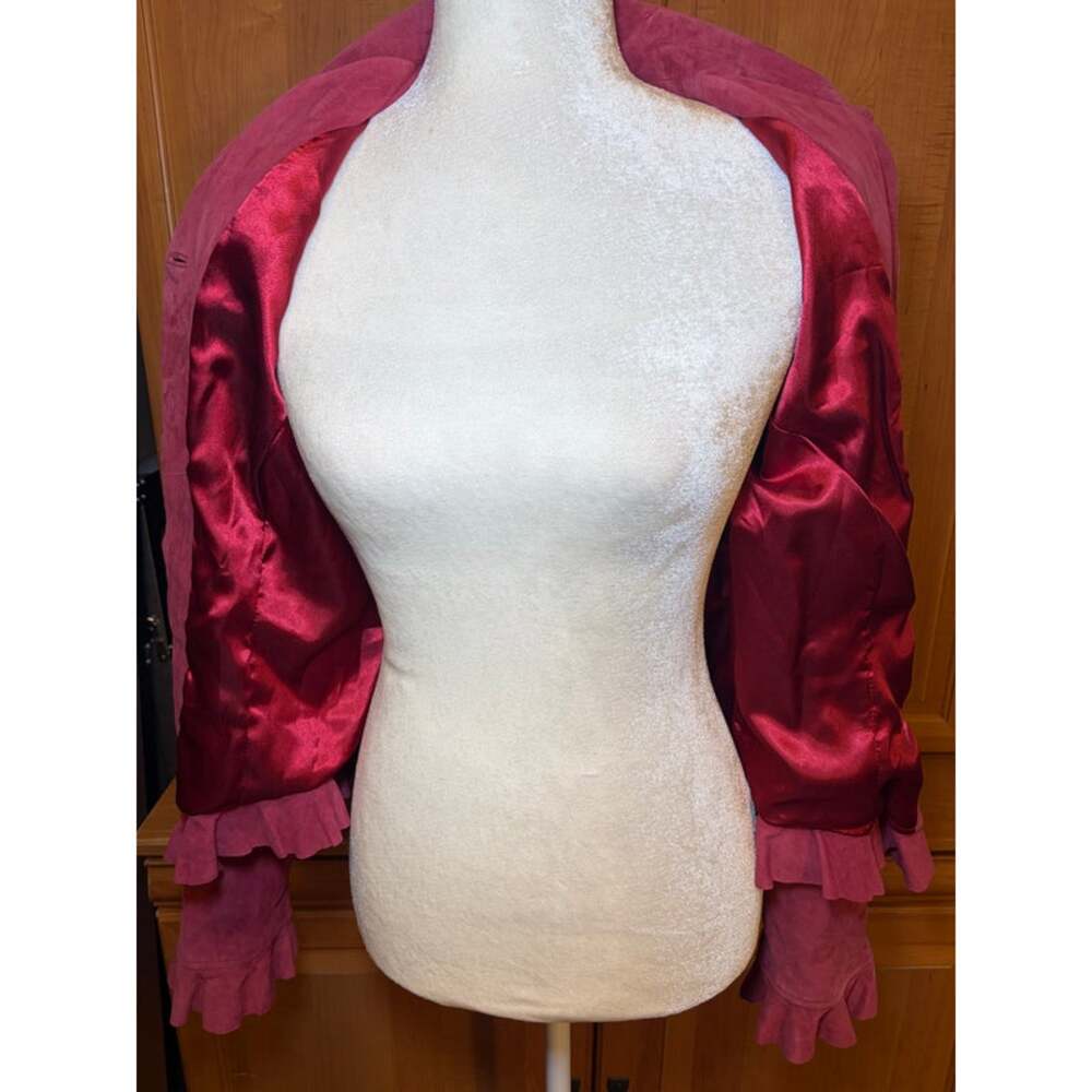 Caché Raspberry Pink Genuine Suede Ruffle Trim Fitted Jacket S - Picture 7 of 8